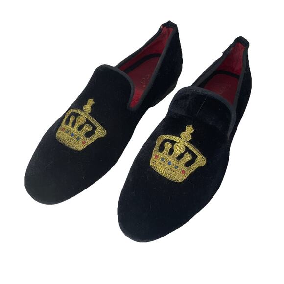VTG FERUCCI Black Velvet Evening Loafers Slippers Embroidered Gold Crown Men 11 - Picture 1 of 16